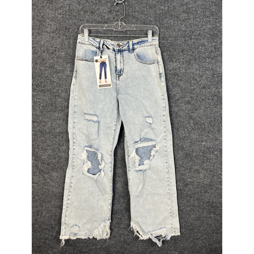 Encore Jeans Juniors 9 High Rise Destroyed Straight Blue Light Wash Denim